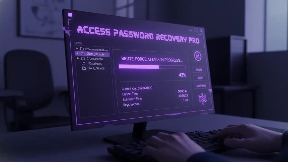 access database password recovery - Example of a password recovery tool interface running a brute-force attack on an Access file.
