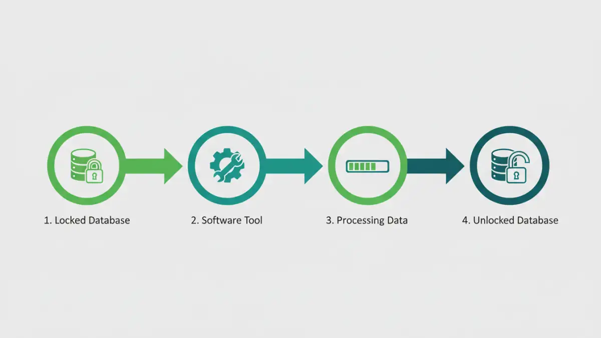 access database password recovery - Infographic showing the 4-step process of recovering an Access database password using software.