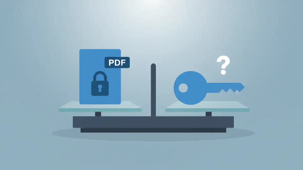 An illustration of a scale balancing a locked PDF and a key, symbolizing the ethics of accessing protected PDF files.