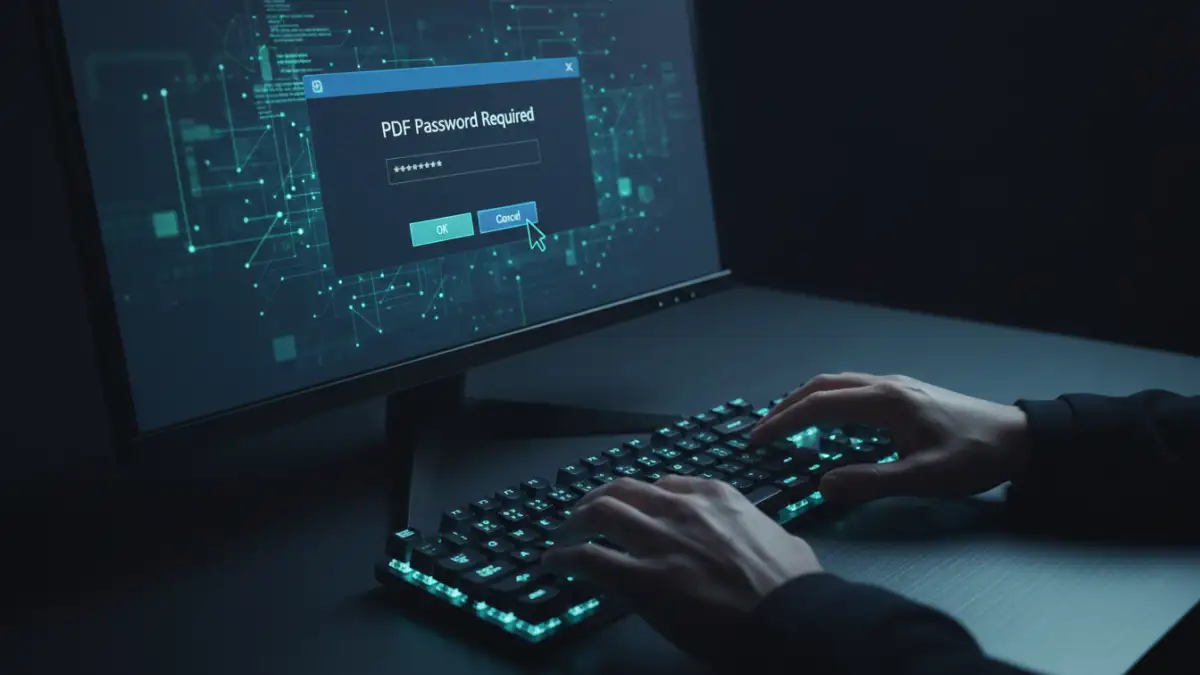 accessing protected pdf files - A person hesitating before trying to enter a password for a protected document, representing unauthorized file access concerns.