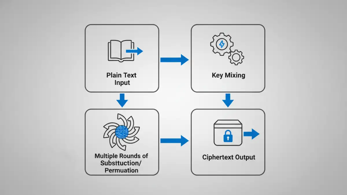 AES document encryption - Infographic flowchart showing the basic steps of the AES encryption algorithm.