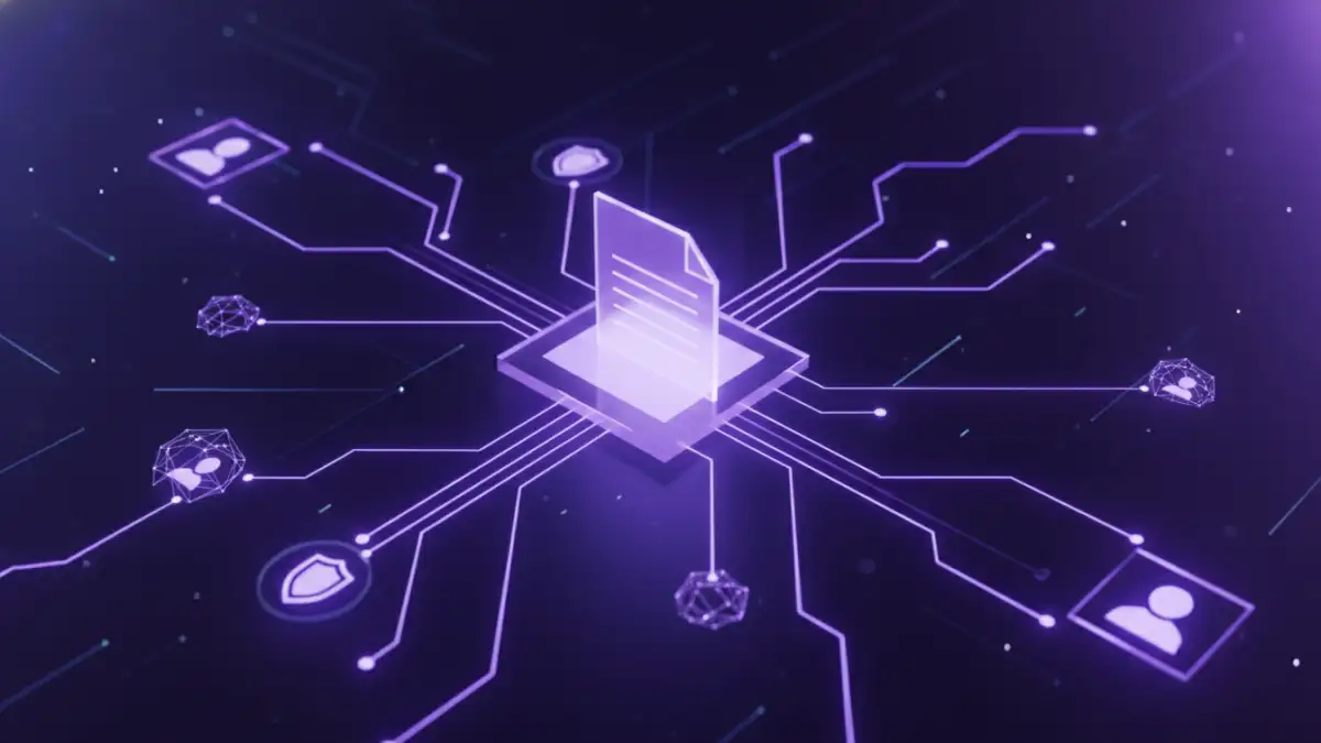 An abstract visualization of AI document security showing a central document protected by a neural network.