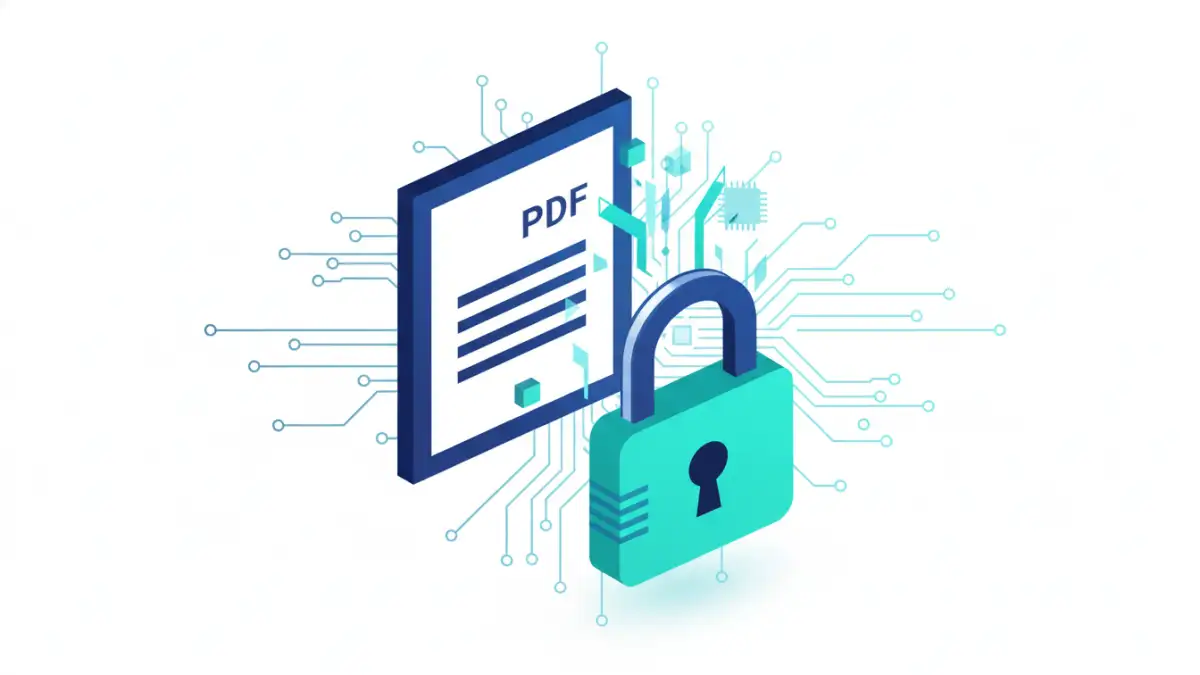 automate pdf encryption - Illustration of a digital PDF being automatically encrypted and secured