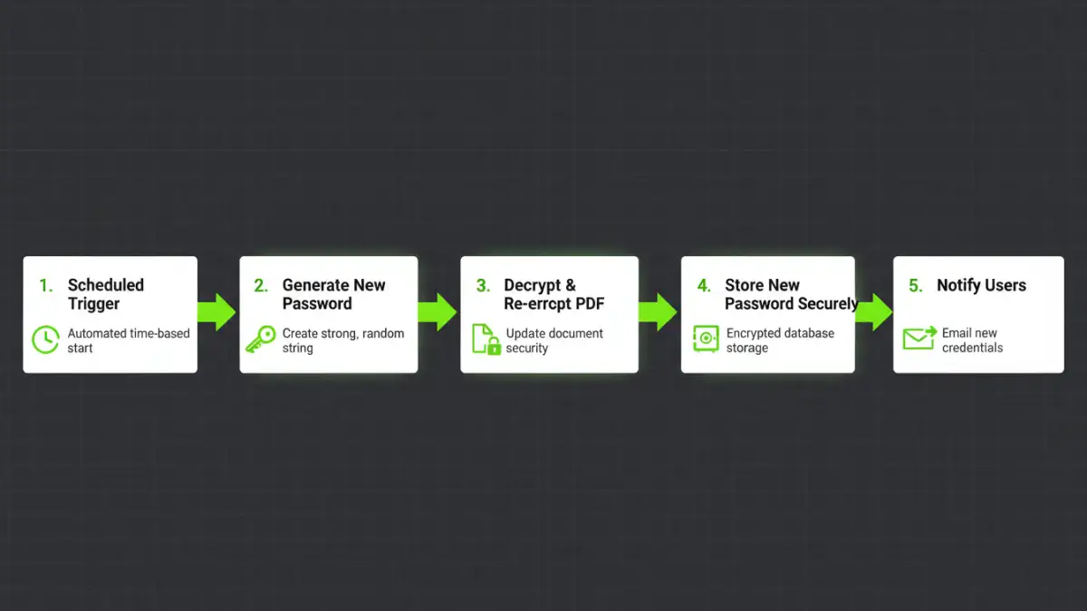 automate pdf password rotation - A 5-step infographic detailing the secure document workflow for password rotation.