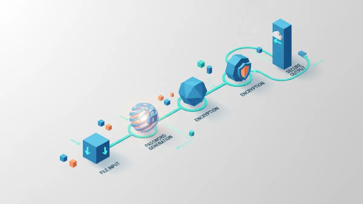 Abstract illustration of an automated password protected PDF workflow with interconnected steps