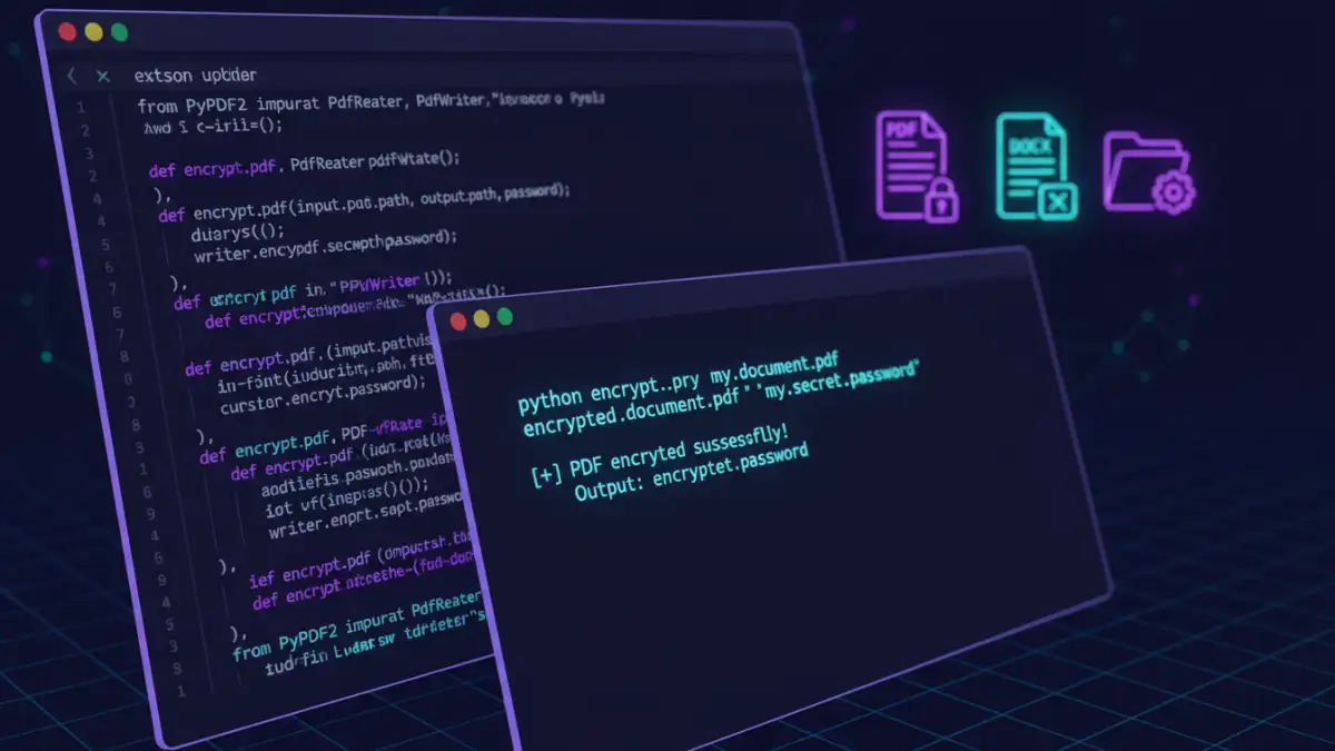 Python script for automated password protected PDF encryption shown on a dark mode desktop interface