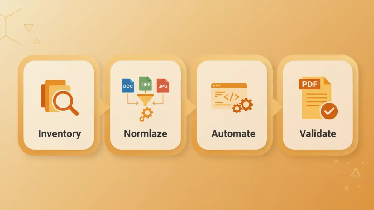 batch convert document archives - An infographic detailing the four key stages of large scale file conversion projects.