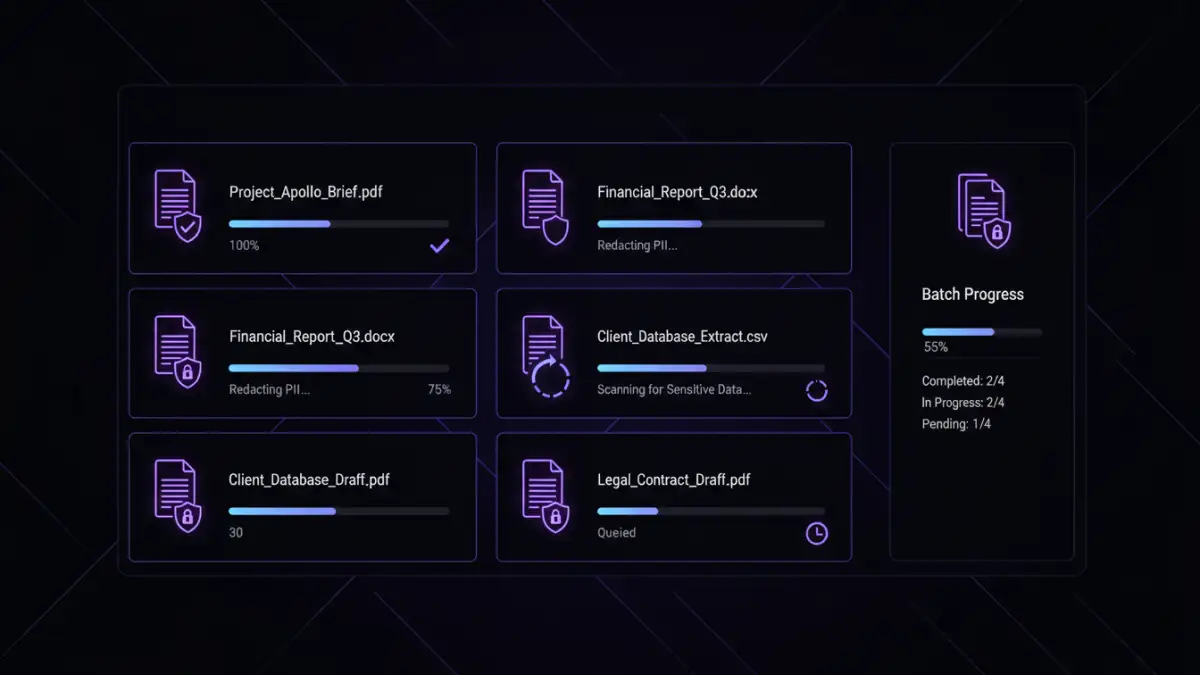 Software interface demonstrating simultaneous processing for batch document redaction security
