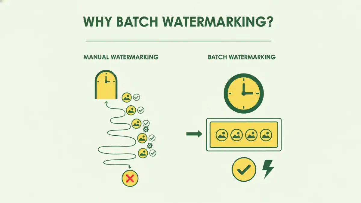 batch image file security - Infographic comparing manual vs. batch watermarking for time efficiency