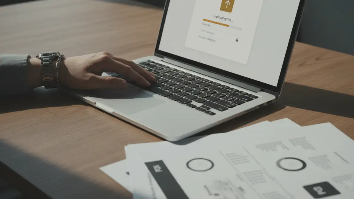 batch pdf password protection Hand using a laptop with an online tool for batch PDF password protection.