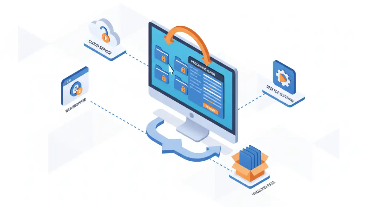 batch pdf password removal Isometric infographic detailing the steps and methods for batch PDF password removal