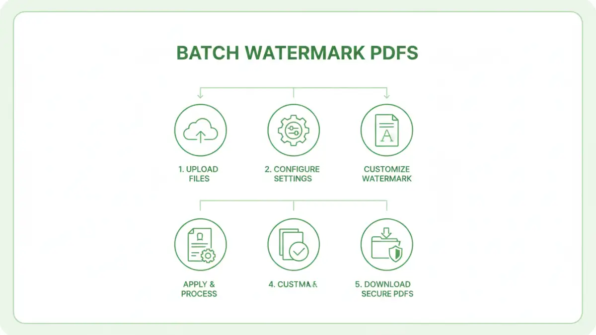 Infographic explaining the step-by-step process of batch watermarking PDFs
