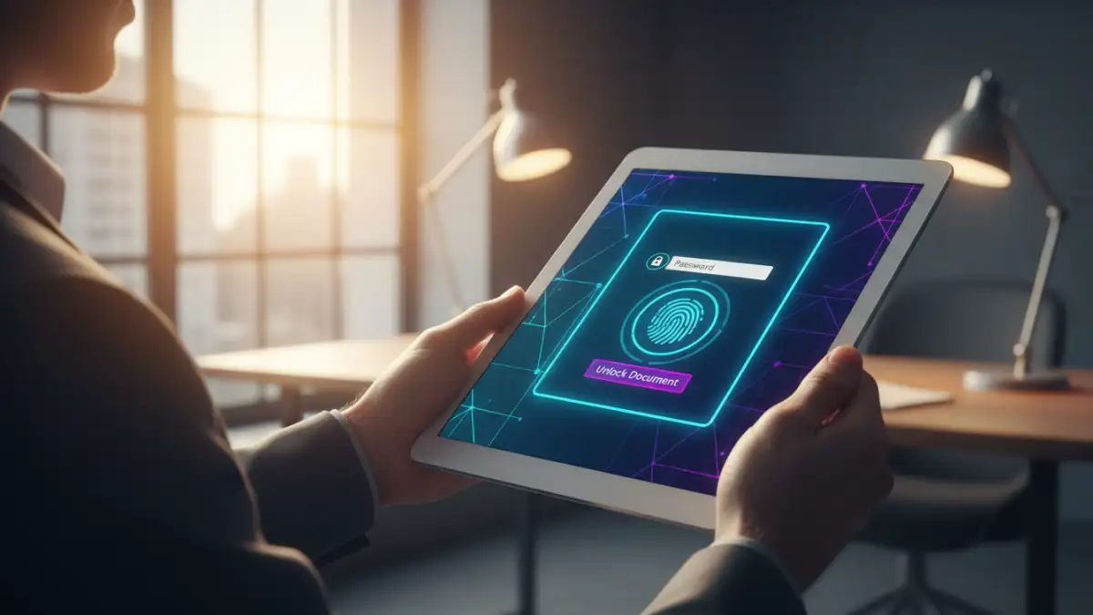 biometric and password pdf protection biometric and password pdf protection - A user authenticating with both a password and fingerprint to open a secure PDF on a tablet.