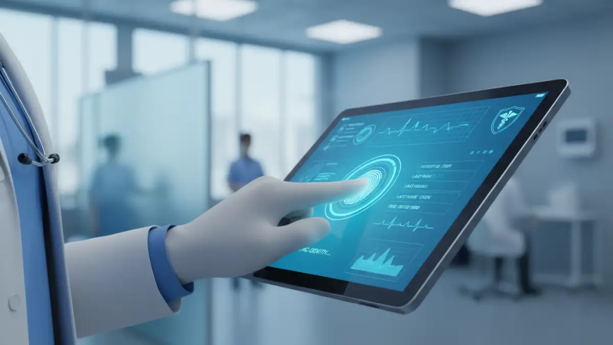 biometric document compliance biometric document compliance - A doctor using fingerprint biometrics for HIPAA compliant document security on a tablet.