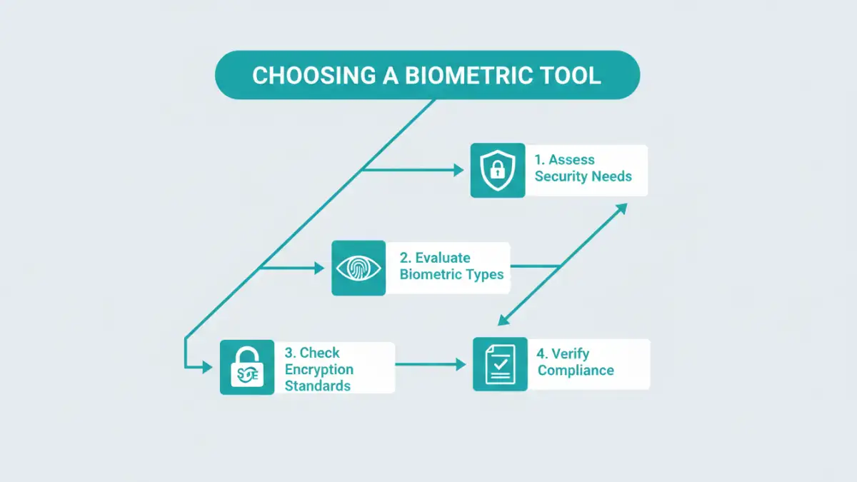 biometric document security tool - Infographic flowchart showing the steps to select a biometric security tool.