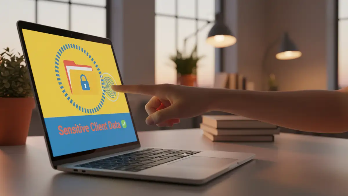 biometric file encryption biometric file encryption - A user unlocking a secure folder on their laptop using a built-in fingerprint reader.