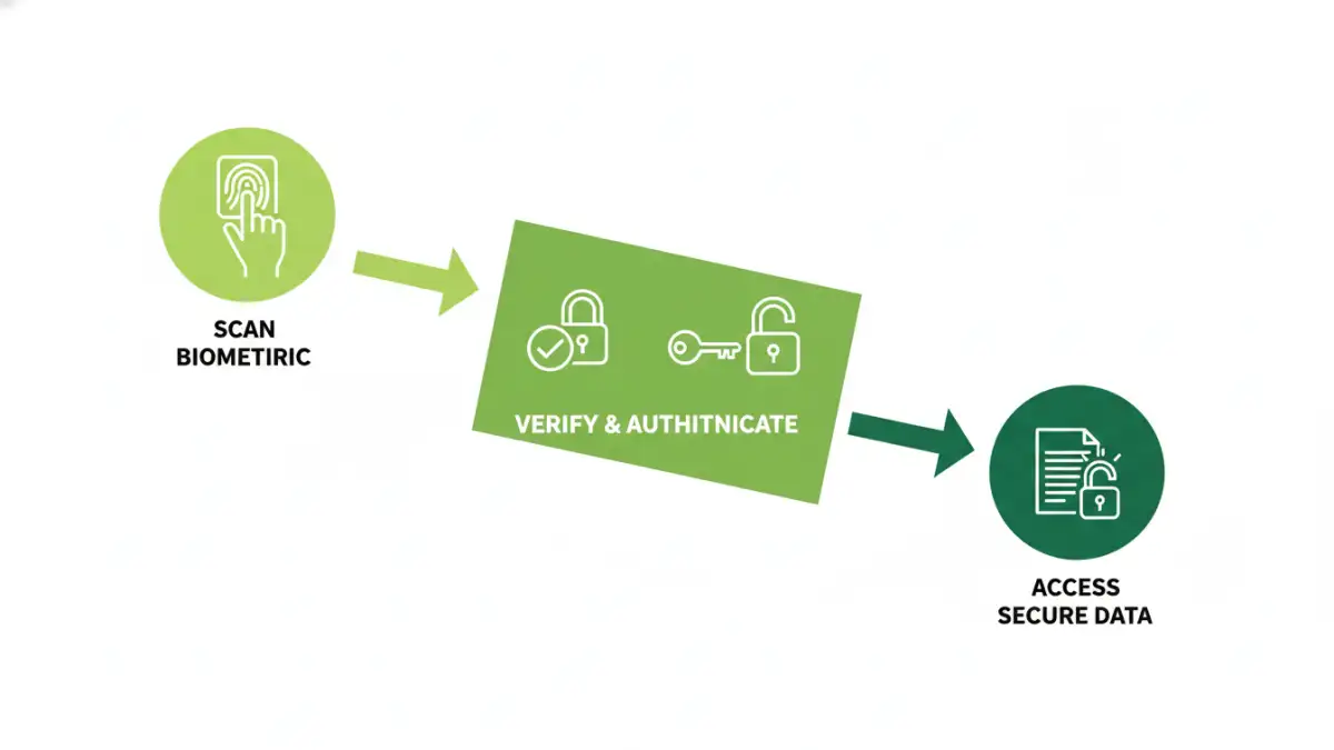 biometric file encryption biometric file encryption - Infographic showing the three steps of biometric file decryption: scan, match, and unlock.