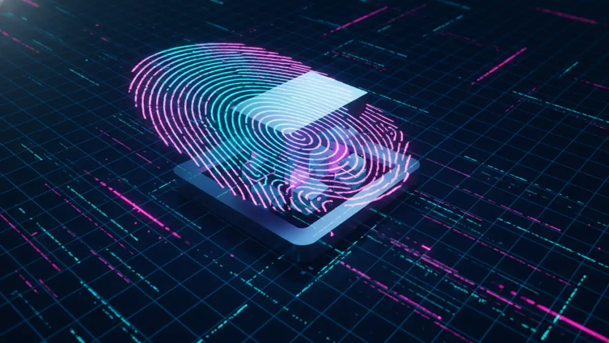 An abstract visual representing biometric file security with a fingerprint and a secure vault.