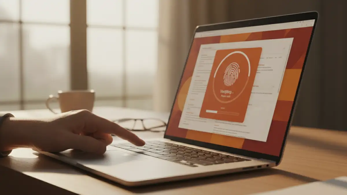 biometric file security - A person using a laptop's fingerprint scanner to unlock a document.