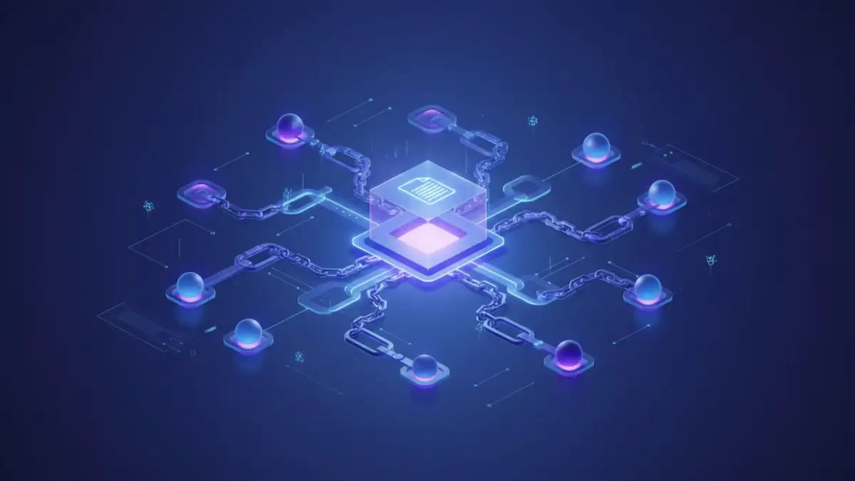 blockchain document management - Abstract visualization of blockchain technology enhancing document security and integrity.