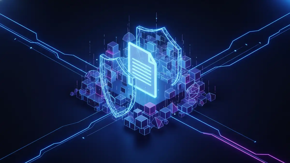 blockchain document security A visual representation of blockchain document security with a protected digital document.