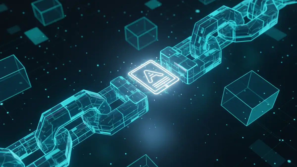 A visual representation of blockchain document security showing a digital document protected by a chain of interconnected blocks.
