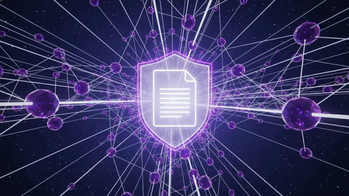 blockchain document security - An abstract visualization of a decentralized document storage network protecting a central file.