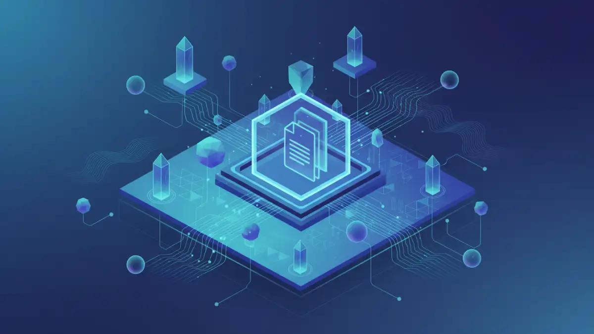 Abstract representation of blockchain secure file sharing with interconnected nodes and a secure document icon.