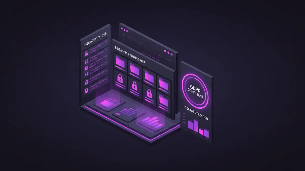 client document security compliance - A modern dashboard for a secure document management system showing compliance features.