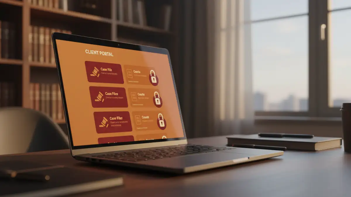 client file encryption legal - A laptop screen showing a secure document sharing portal for lawyers, with encrypted files clearly marked.