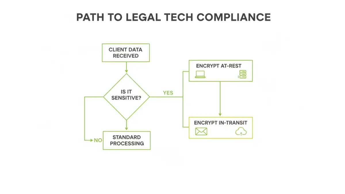 client file encryption legal - A flowchart showing the decision-making process for encrypting client data to meet legal tech compliance standards.