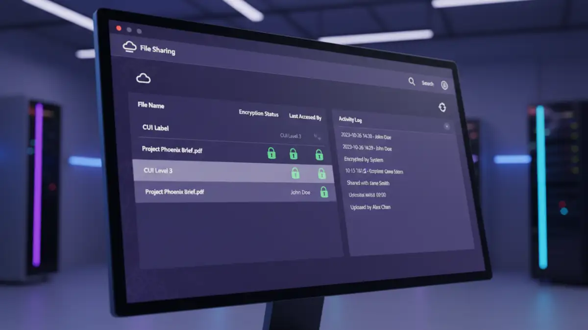 cmmc document security - Screenshot of a secure file portal demonstrating end-to-end file encryption and audit logs.