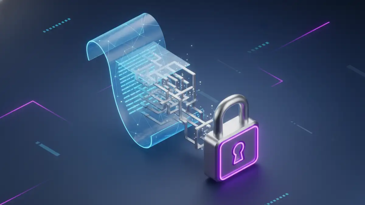 compress large text files - Abstract illustration of a large text file being compressed and secured with a padlock