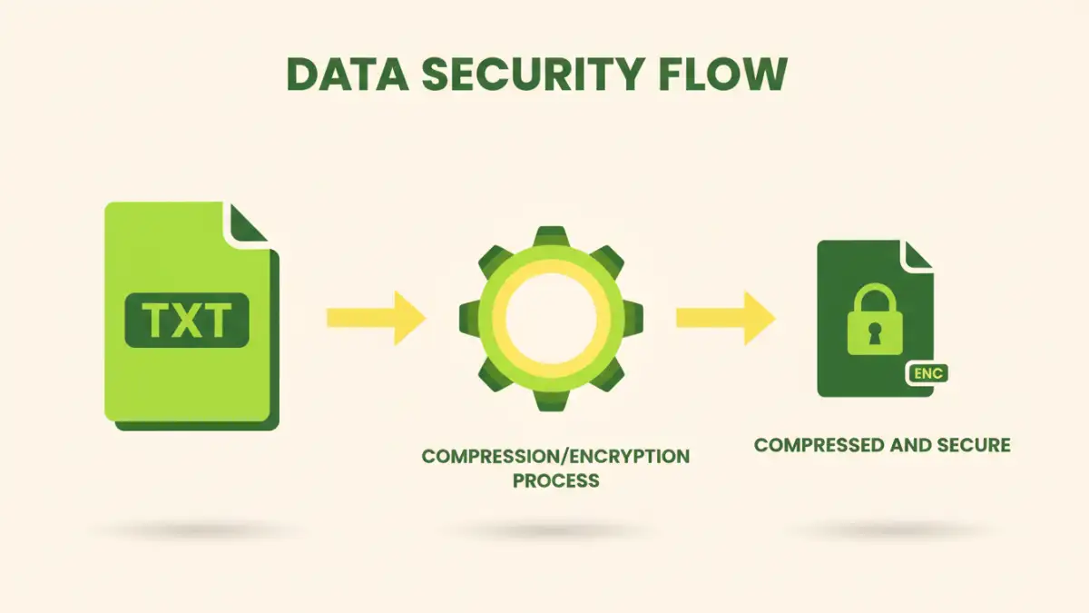 Infographic demonstrating the process to compress large text files and apply security