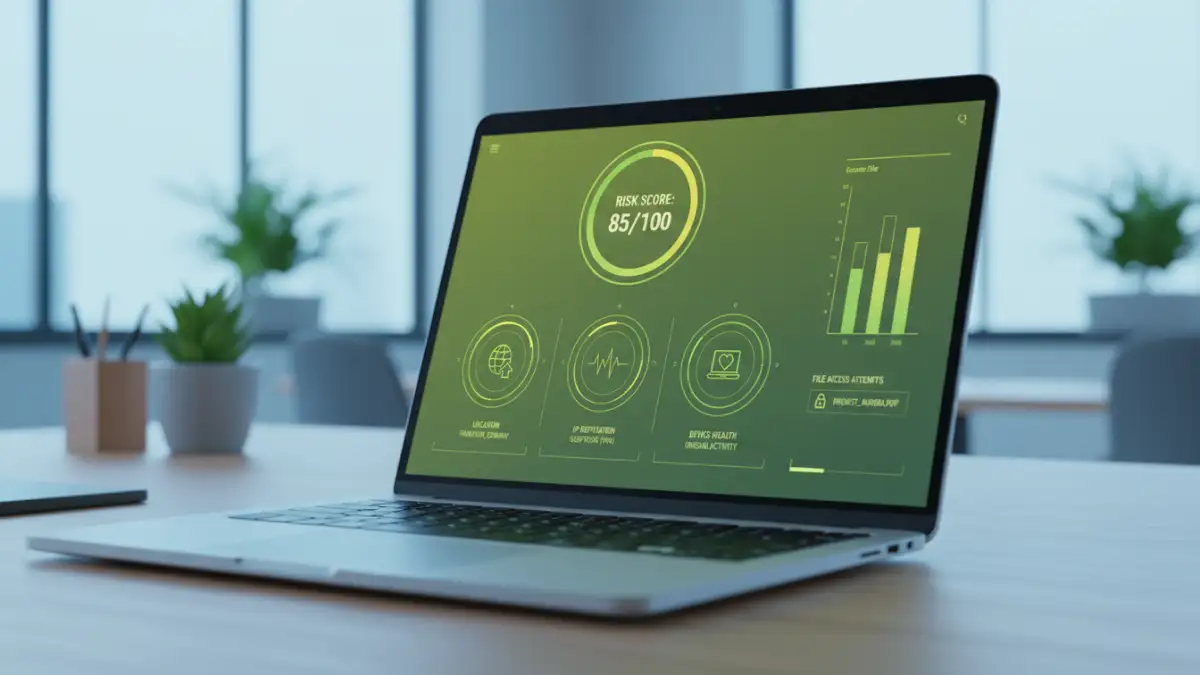context aware document security - A security dashboard displaying a risk based authentication score for a file access request