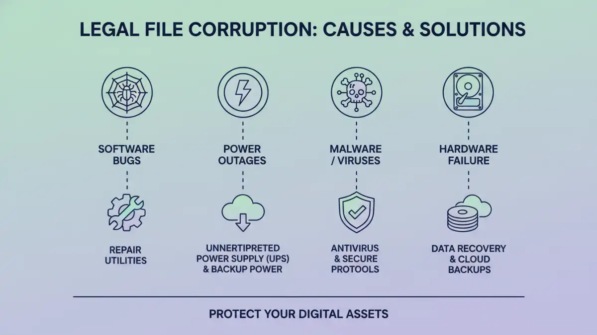 corrupted document recovery corrupted document recovery - Infographic showing causes and solutions for corrupted legal document recovery.