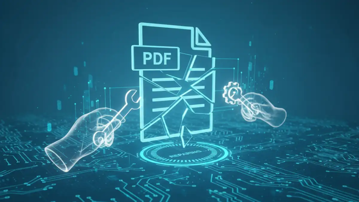 corrupted pdf file recovery - Illustration of a corrupted PDF file being repaired with digital tools