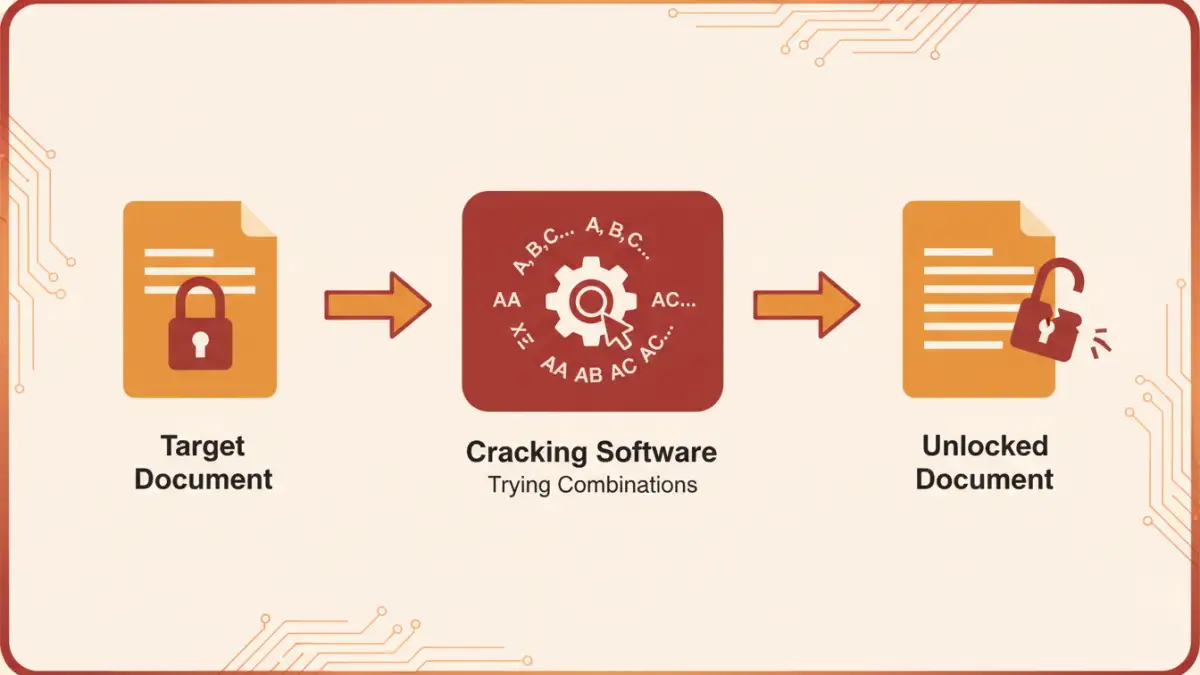 crack document password - Infographic showing the steps of a brute-force attack on a document password.