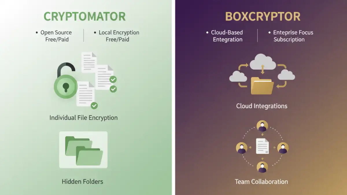 cryptomator vs boxcryptor - Infographic detailing key features and differences of Cryptomator and Boxcryptor