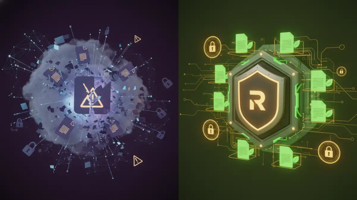 data breach document recovery - Visual representation of chaotic data breach recovery versus secure document restoration