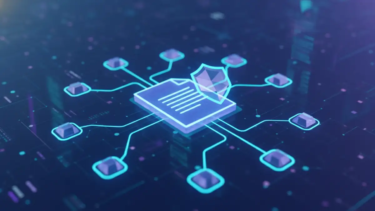 A visual representation of decentralized document security with a network of nodes protecting a central file.