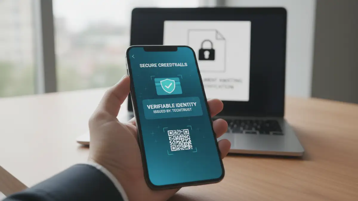 decentralized document security - A user holds a smartphone with a digital wallet to access a secure document on a laptop.