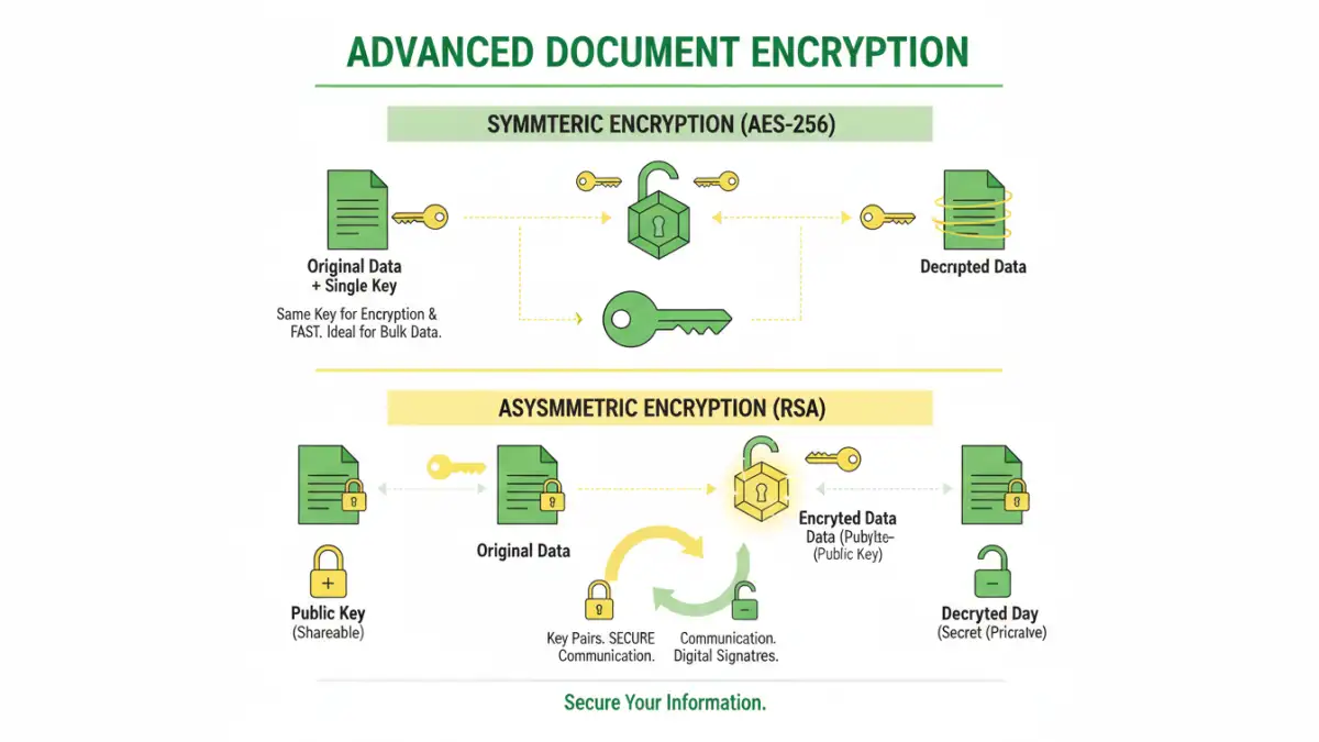 digital document portfolio security - Infographic detailing symmetric vs. asymmetric encryption for digital document security