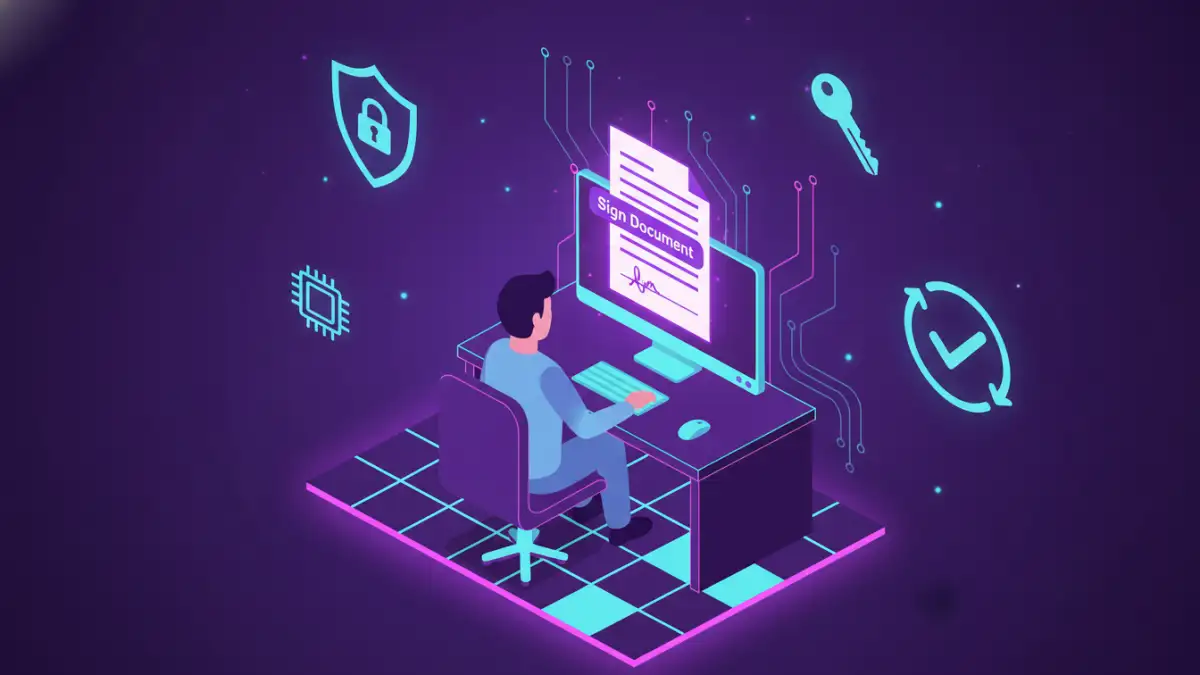 digital signatures vs encryption - An illustration of a person applying a digital signature to a PDF document on their computer.