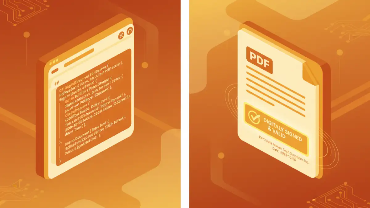 digitally signing pdf document - A code example next to its output, a signed PDF document.