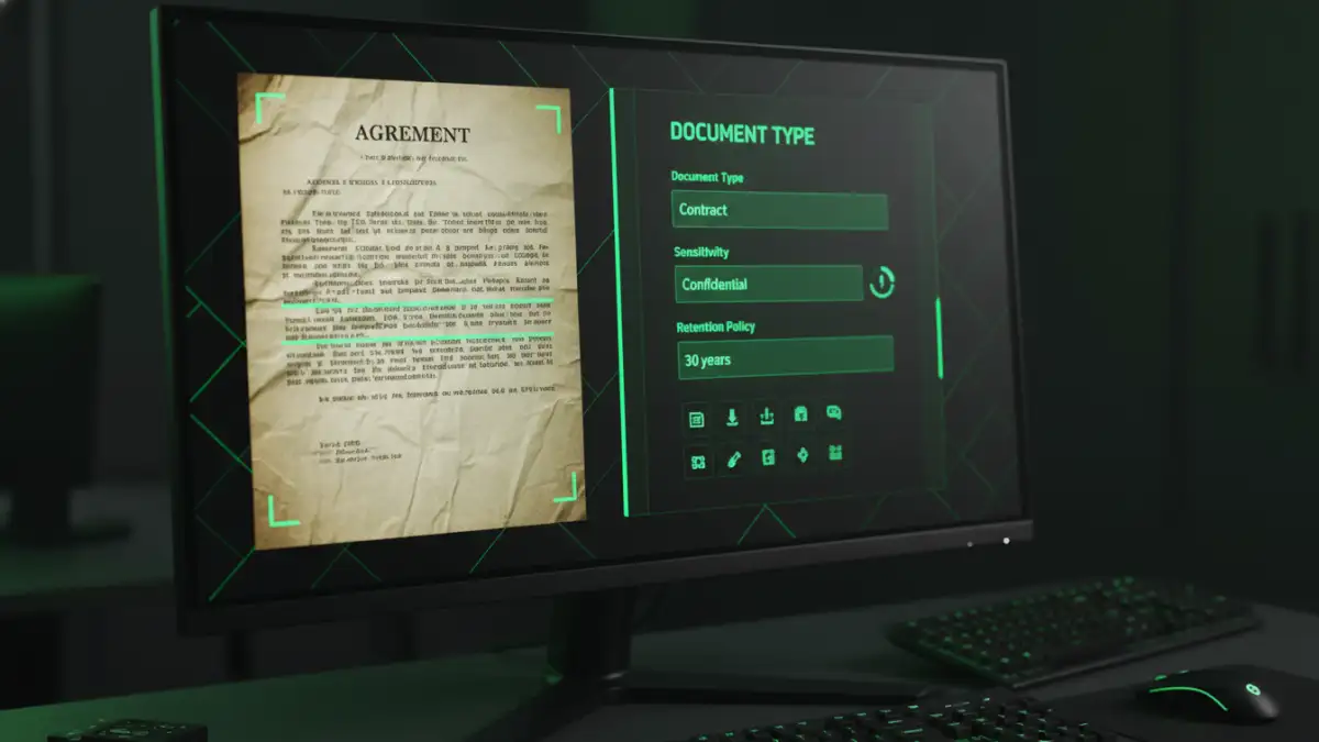 document compliance archive conversion document compliance archive conversion - A software interface demonstrating the process of classifying and adding metadata to a digitized document for compliance.