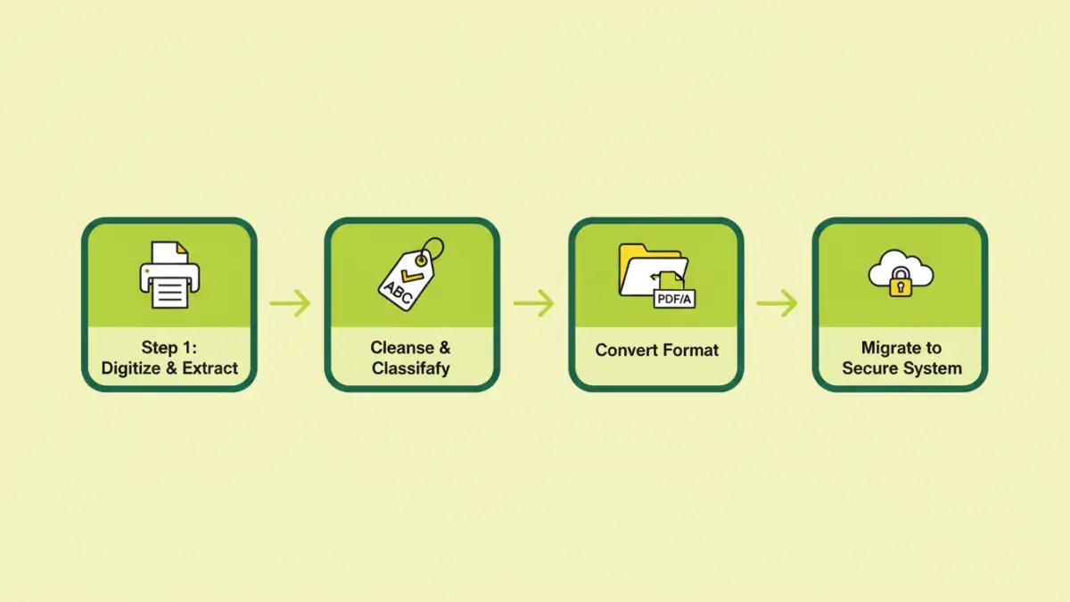 document compliance archive conversion An infographic detailing the four key steps of a document compliance archive conversion process.