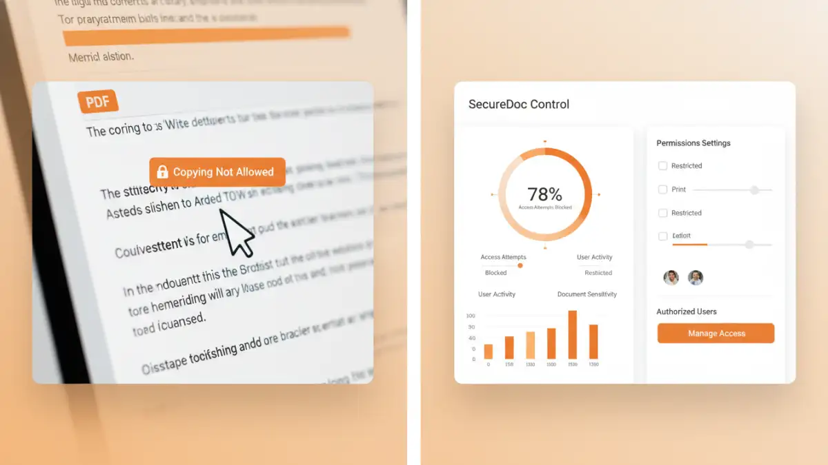 document drm security - A user being blocked by PDF copy protection, contrasted with a DRM control panel