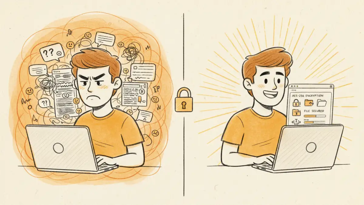 document encryption myths document encryption myths - A before-and-after sketch showing a user moving from confusing forum advice to using proper encryption software.