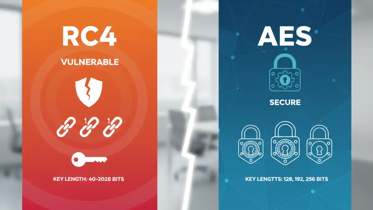 document encryption progress - Infographic comparing RC4 and AES encryption algorithms
